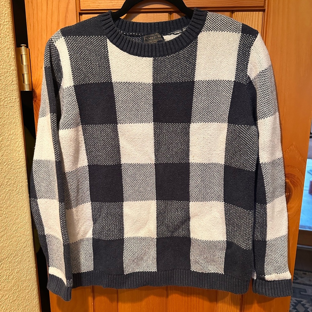 Pendleton Blue and White Crewneck Sweater with Bold Check Pattern